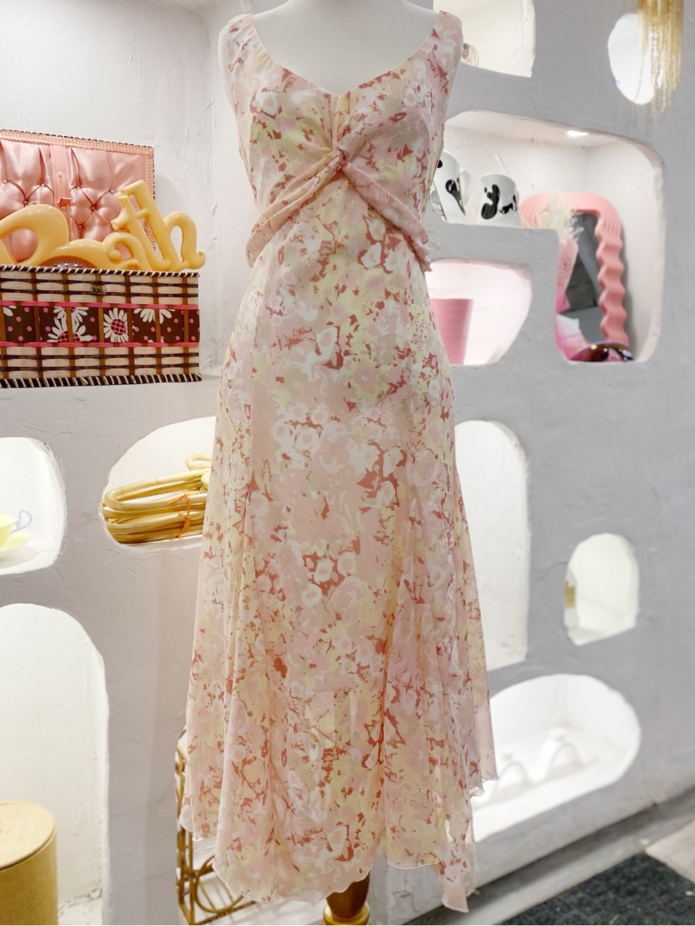 Flowy Mesh Floral Summer Dress with Twisted Bust Detail and Handkerchief Hem